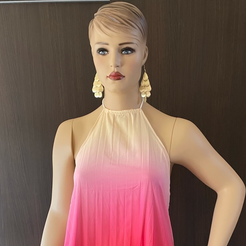 Pink / Purple Ombre Pleated Halter Maxi Dress | Open Back | Summer Vacation